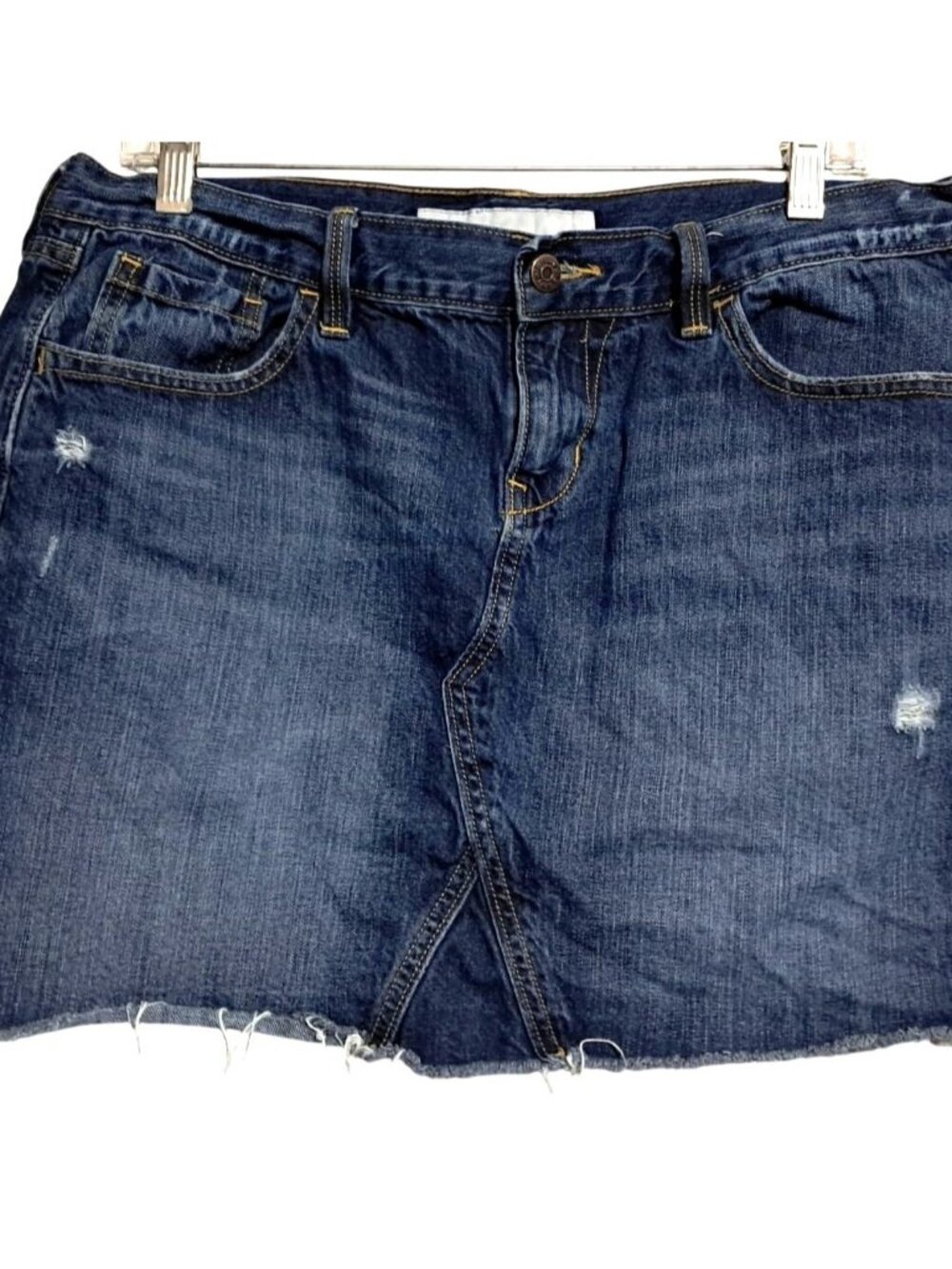 Y2K Old Navy Jean Skirt Womens Size 12 Distressed Denim CutOff Skirt Dark Wash 2